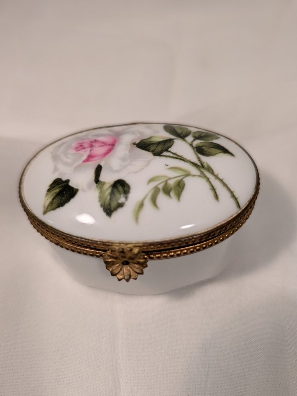 Vintage Halga France Porcelain Trinket Box Pink Rose Brass Hinged